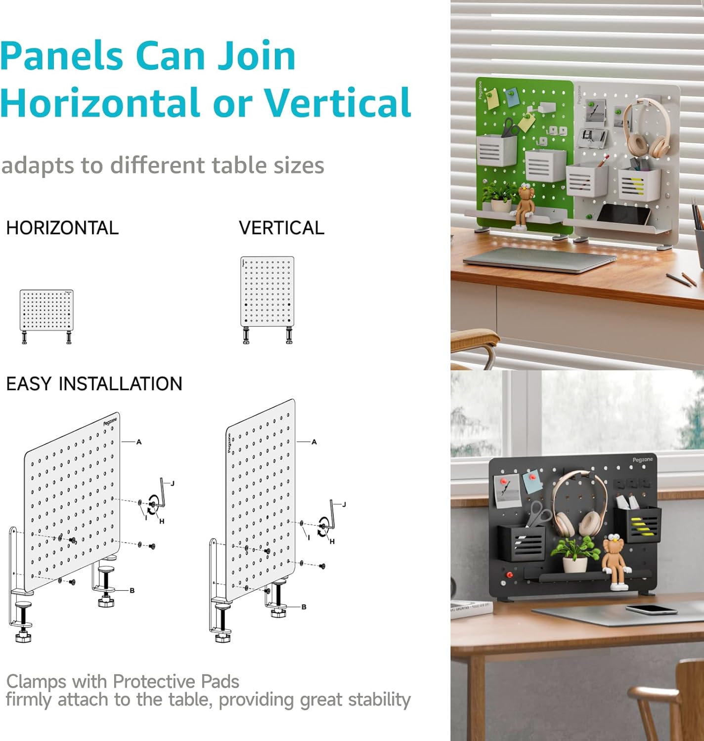 Clamp-on Desk Pegboard, Desk Organizer for Office Gaming Home, Magnetic Metal Peg Board with 10 Accessories, Privacy Panel for Office, 16.5" x 12.6", Medium, Black