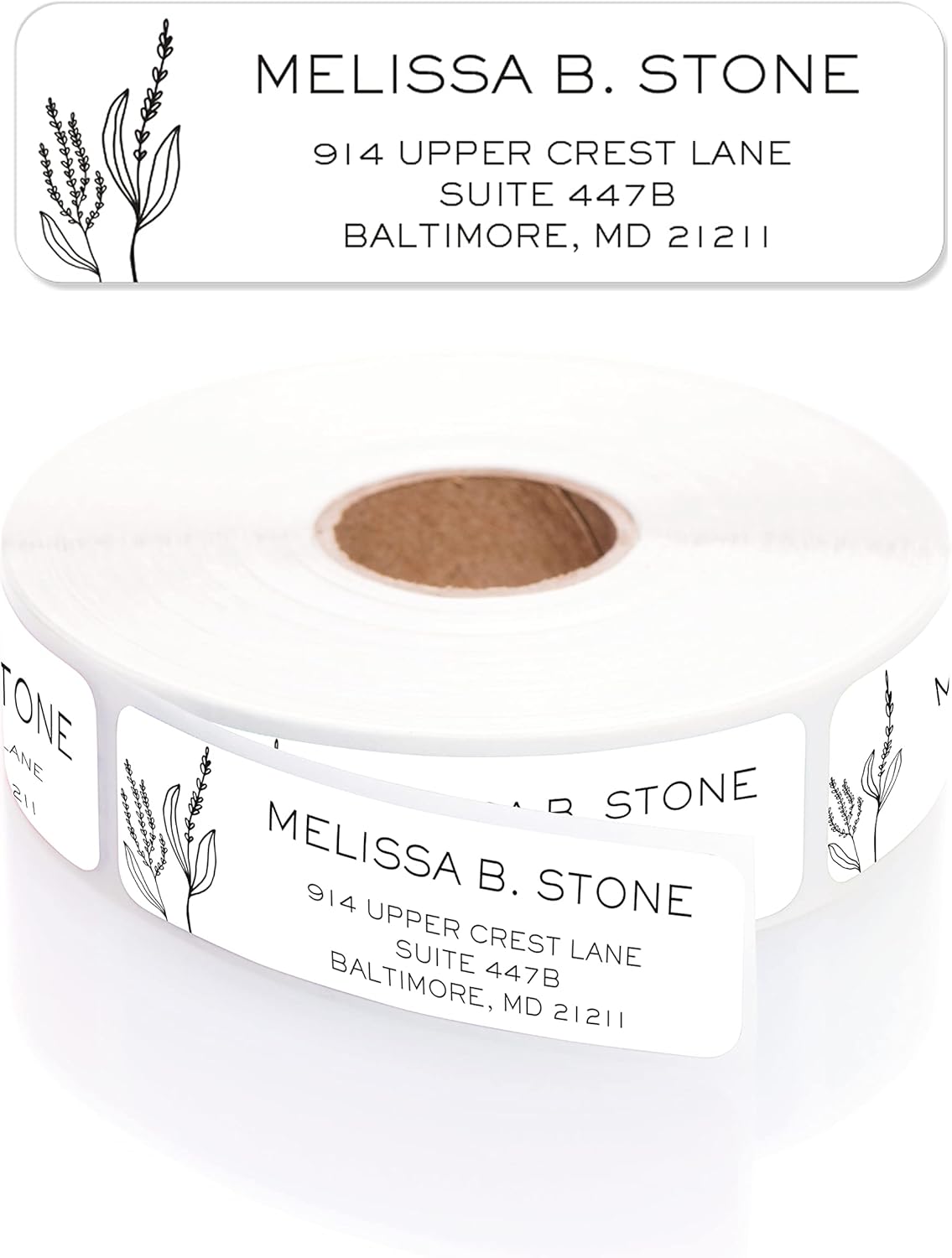 Simple Modern Flower Rolled Address Labels/Roll of 500 Floral Illustration Personalized Address Labels/Designer Return Address Stickers in Elegant Plastic Dispenser