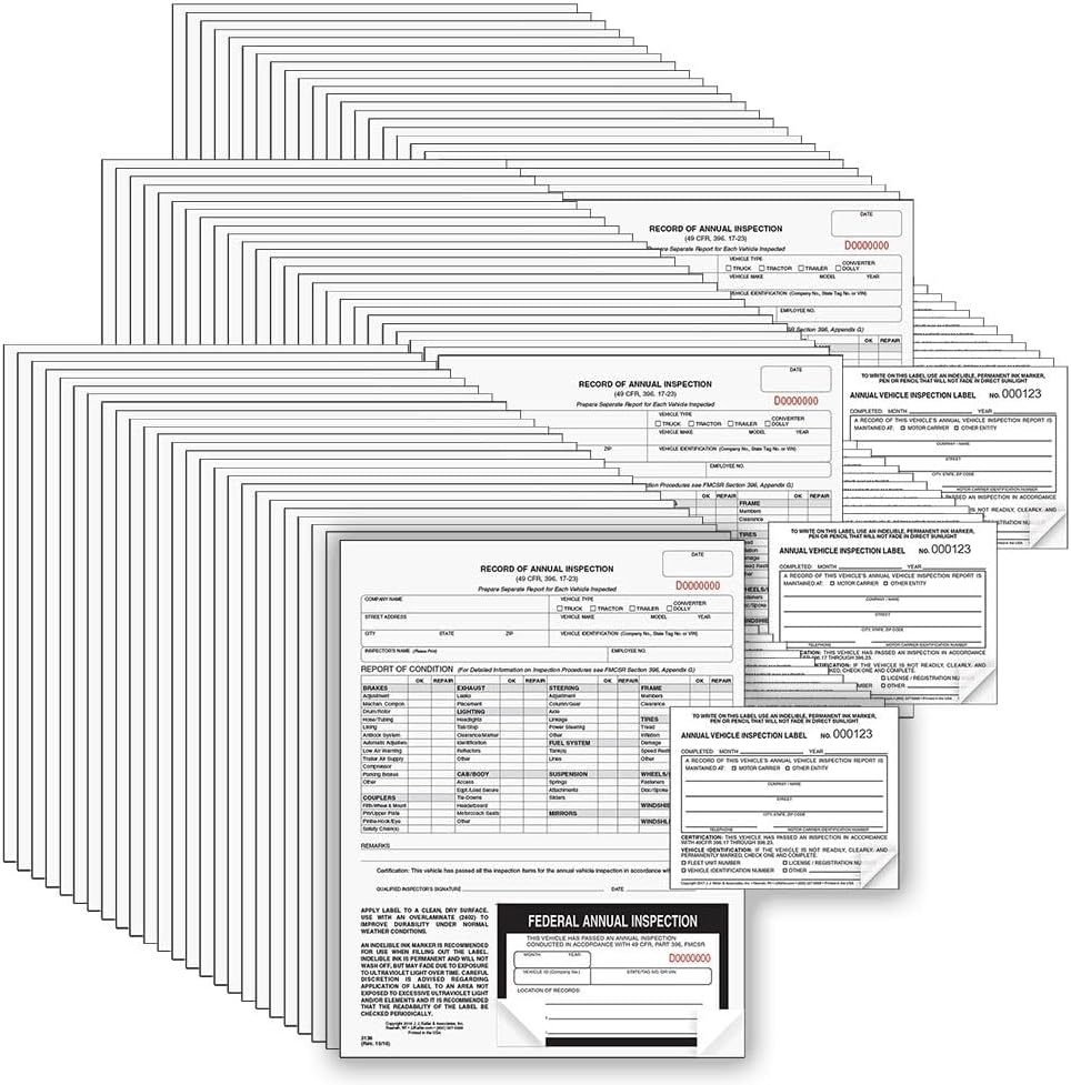 J. J. Keller 100-Pack, Record of Annual Inspection Form with Inspection Decal & Prenumbered Vinyl Adhesive Label 2-Ply, 2-Ply Carbonless Form, DOT Compliant