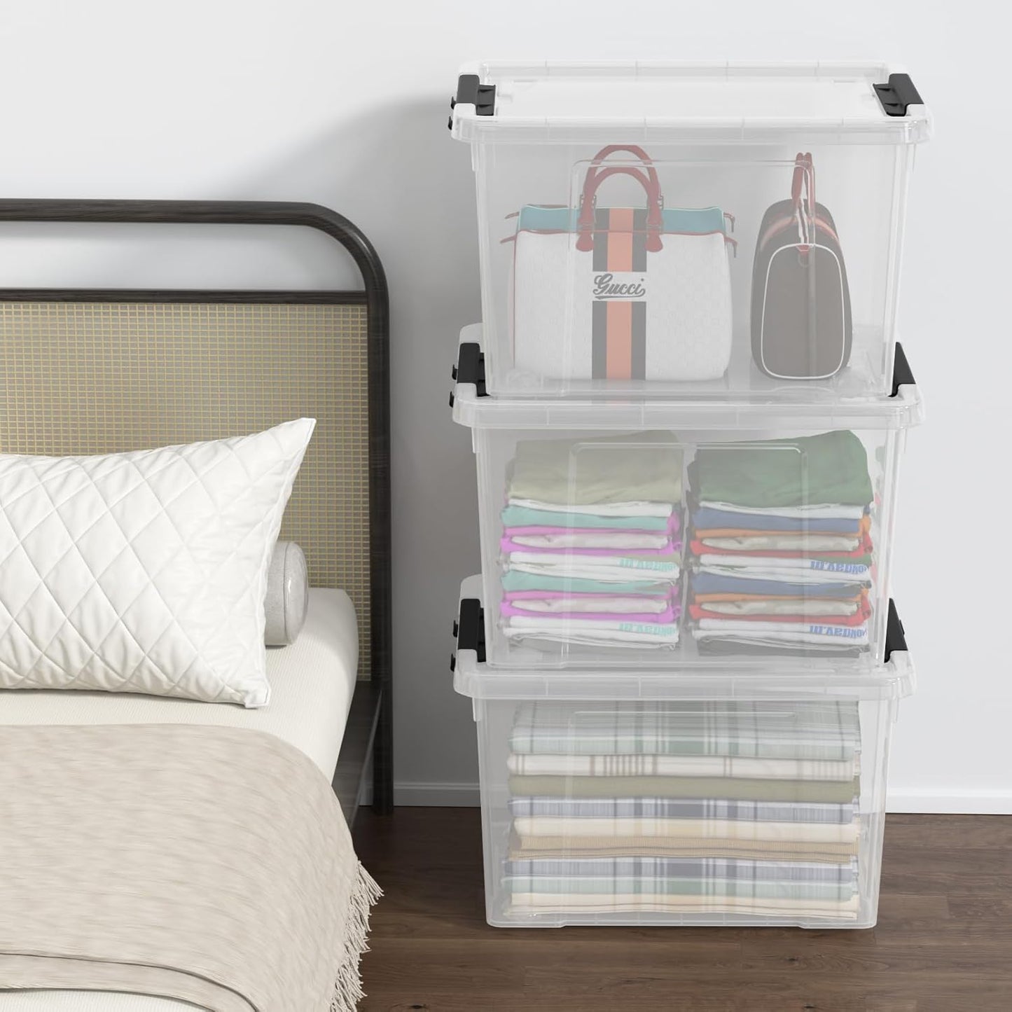 4-Pack 34 Quart Clear Plastic Storage Boxes with Lids, Latching Bins Totes with Wheels