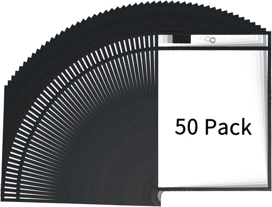 Job Ticket Holders - Reusable Black Plastic Sleeves (10 x 14 Inches), Clear Pockets, Dry Erase, 50PCS