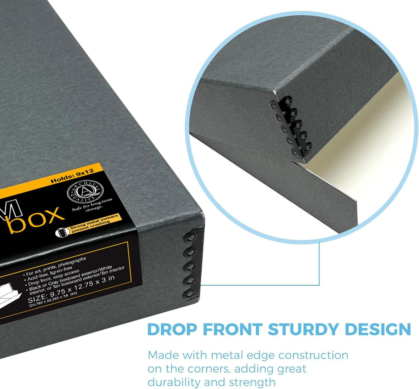 Lineco Museum Archival Storage Box, 9.75x12.75x3 in. Drop Front Design. Acid-Free with Metal Edge. Organize Photos, Pictures, Prints, Documents, Crafts, DIY. Gray, 2 Pack