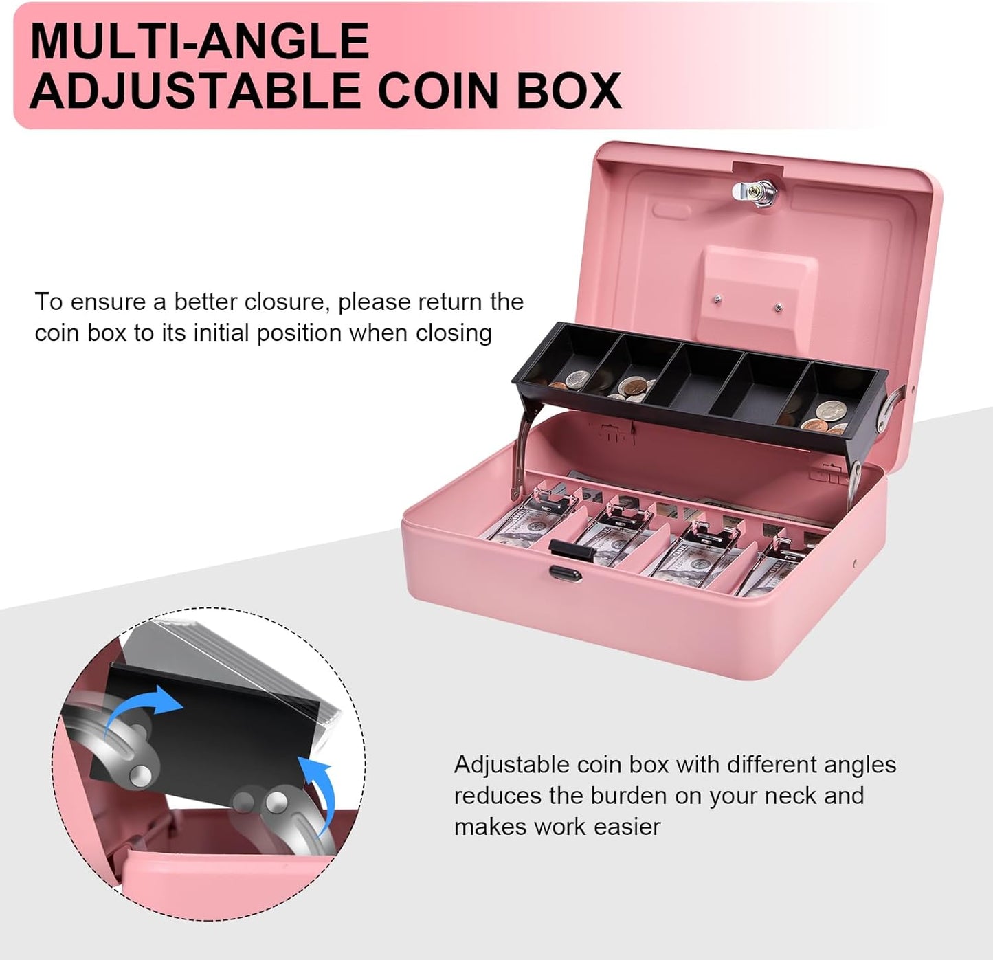 Cash Box Metal Money Box with Tray & Key Lock,Tiered Locking Cash Boxes,Durable Lock Safe Box with Key,4 Bill 5 Coin Slots,Cantilever Design,Large (Large, Top-Key Pink)