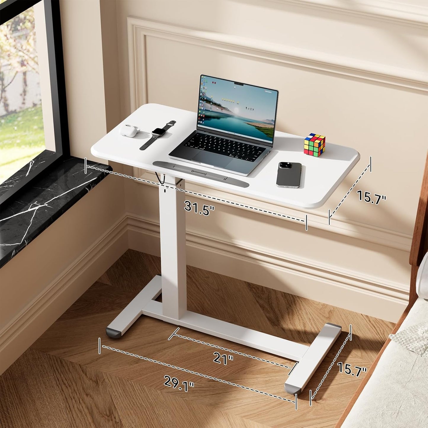 Mobile Standing Desk, Height Adjustable Left/Right Overbed Bedside Table, 90° Tiltable Portable Laptop Desk with Wheels, Foldable Computer Cart for Hospital Home Use, White