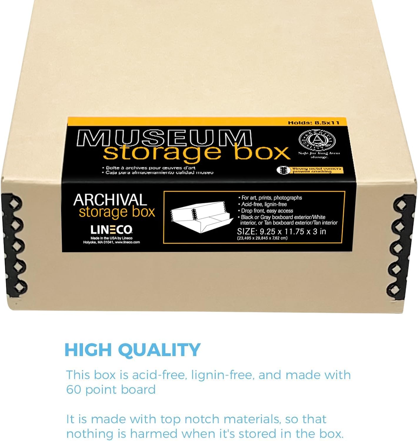 Lineco Museum Archival Storage Box, 9.25x11.75x3 in. Drop Front Design. Acid-Free with Metal Edge. Organize Photos, Pictures, Prints, Documents, Crafts, DIY. Tan, 1 Pack