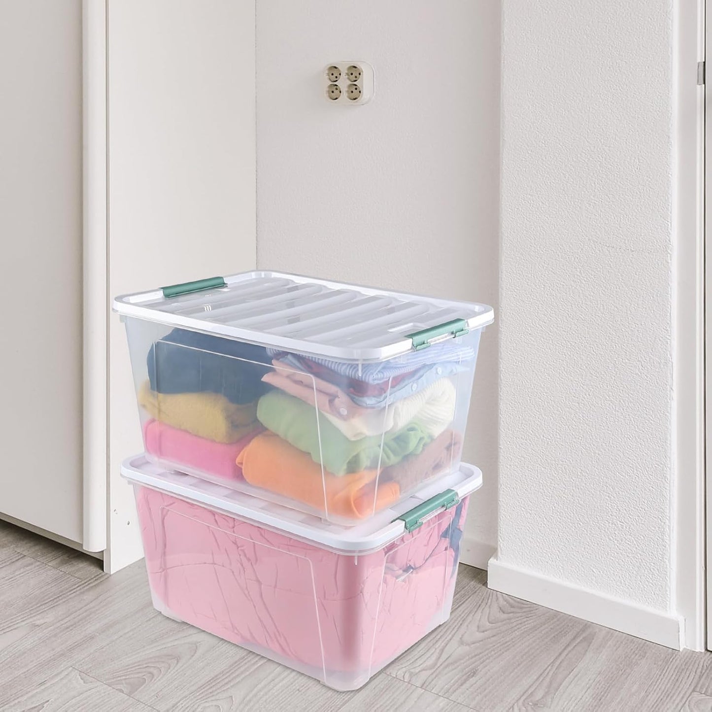80 L Large Plastic Storage Bins with Lids, 4 Pack Wheeled Clear Storage tote with Latch Handle