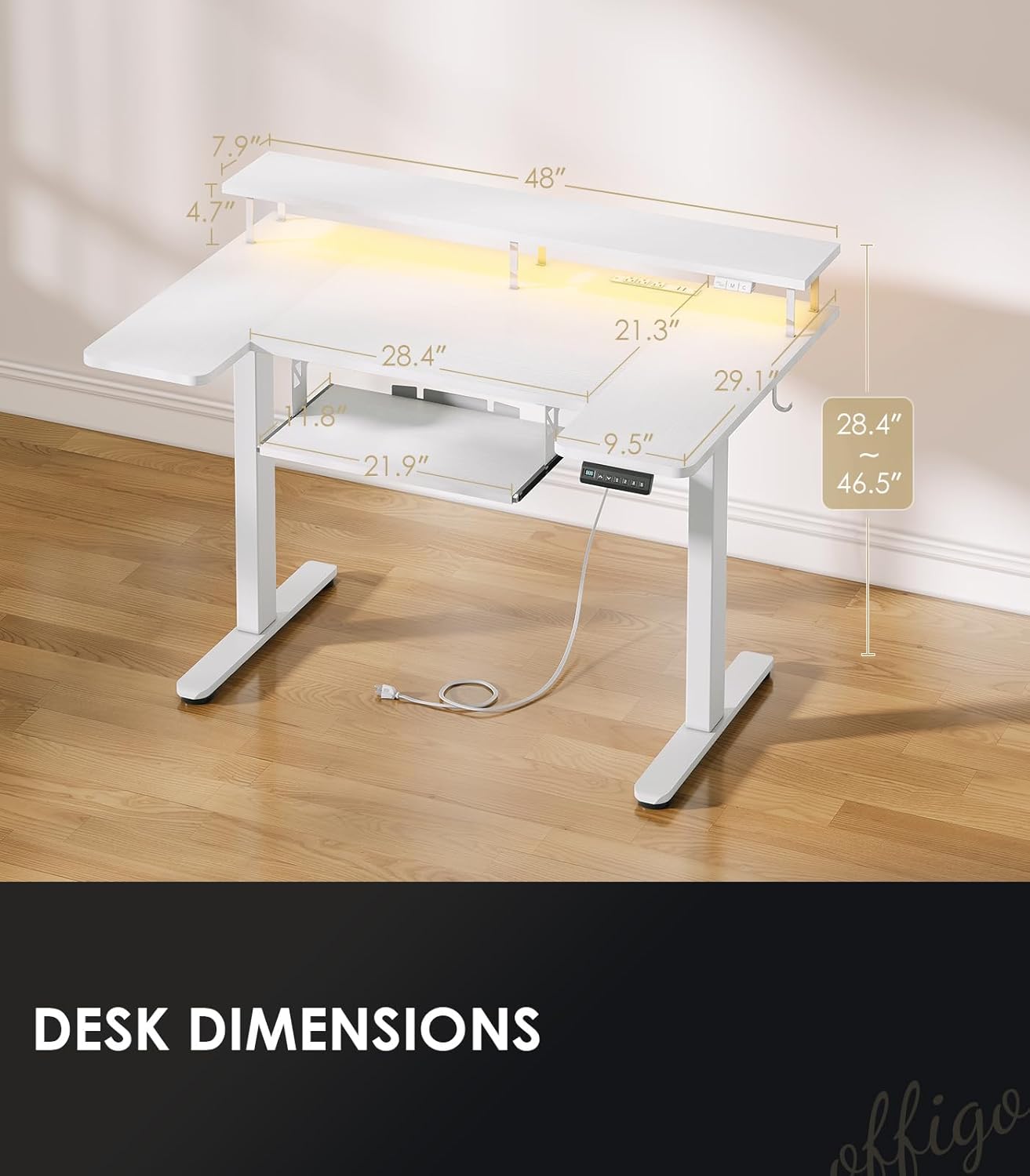 OffiGo U Shaped Electric Standing Desk with Keyboard Tray, 48 Inch Height Adjustable Desk with Power Outlets & LED Lights, Sit Stand Table with Monitor Stand for Home, Office, White