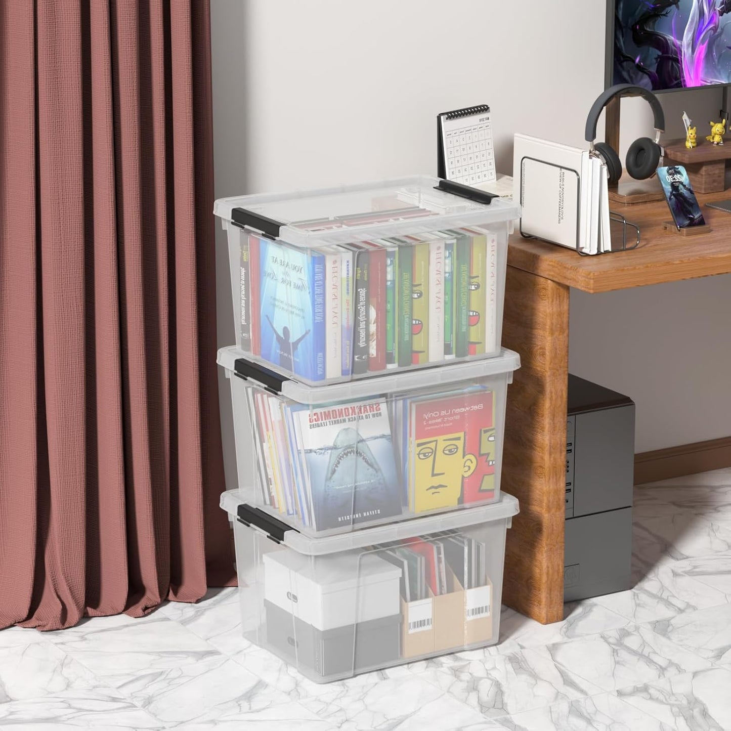 22 Quart Stackable Plastic Storage Bins with Lids and Latching Buckles, 4 Pack Tubs Boxes Organizing, Clear