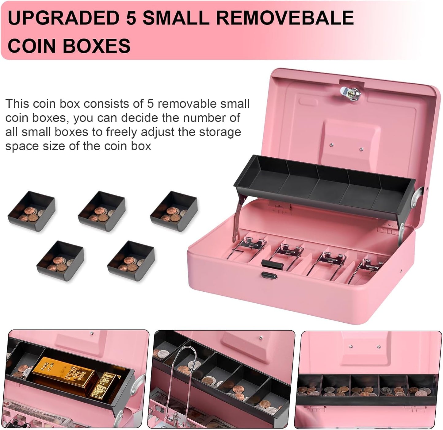 Cash Box Metal Money Box with Tray & Key Lock,Tiered Locking Cash Boxes,Durable Lock Safe Box with Key,4 Bill 5 Coin Slots,Cantilever Design,Large (Large, Top-Key Pink)