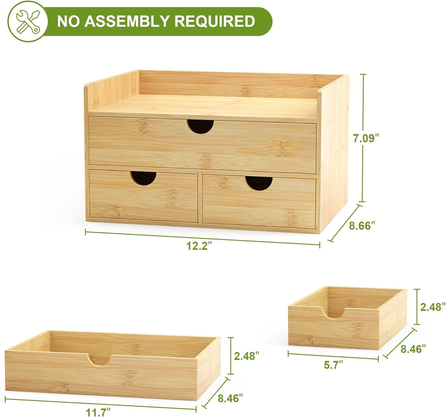 Bamboo Desk Organizer with Drawers Desktop Storage Drawers for Bills Office Supplies Kitchen Utensils Organizing Tool for Home Classroom Organization No Assembly (Nature 3 Drawers)
