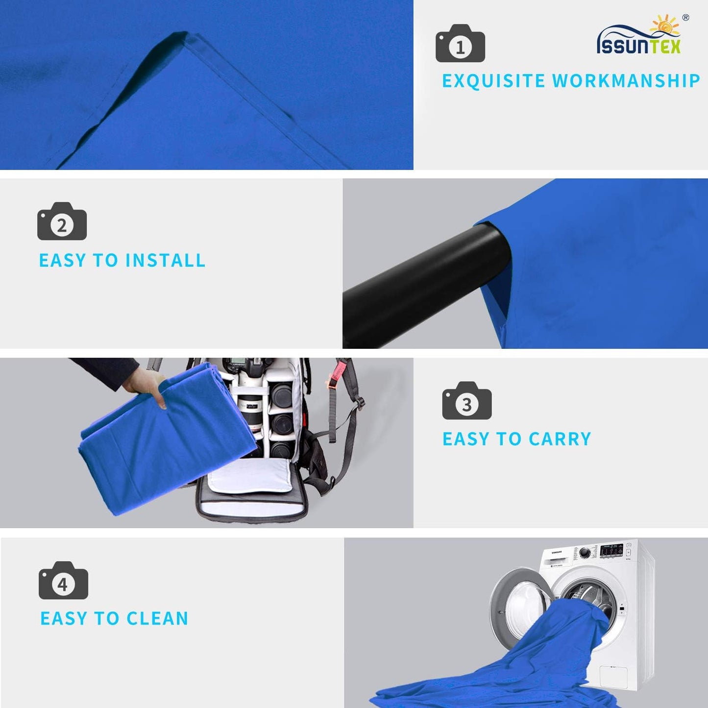 ISSUNTEX 10X24 ft Background Muslin Backdrop, Photo Studio, Collapsible High Density Screen for Video Photography and Television-Blue