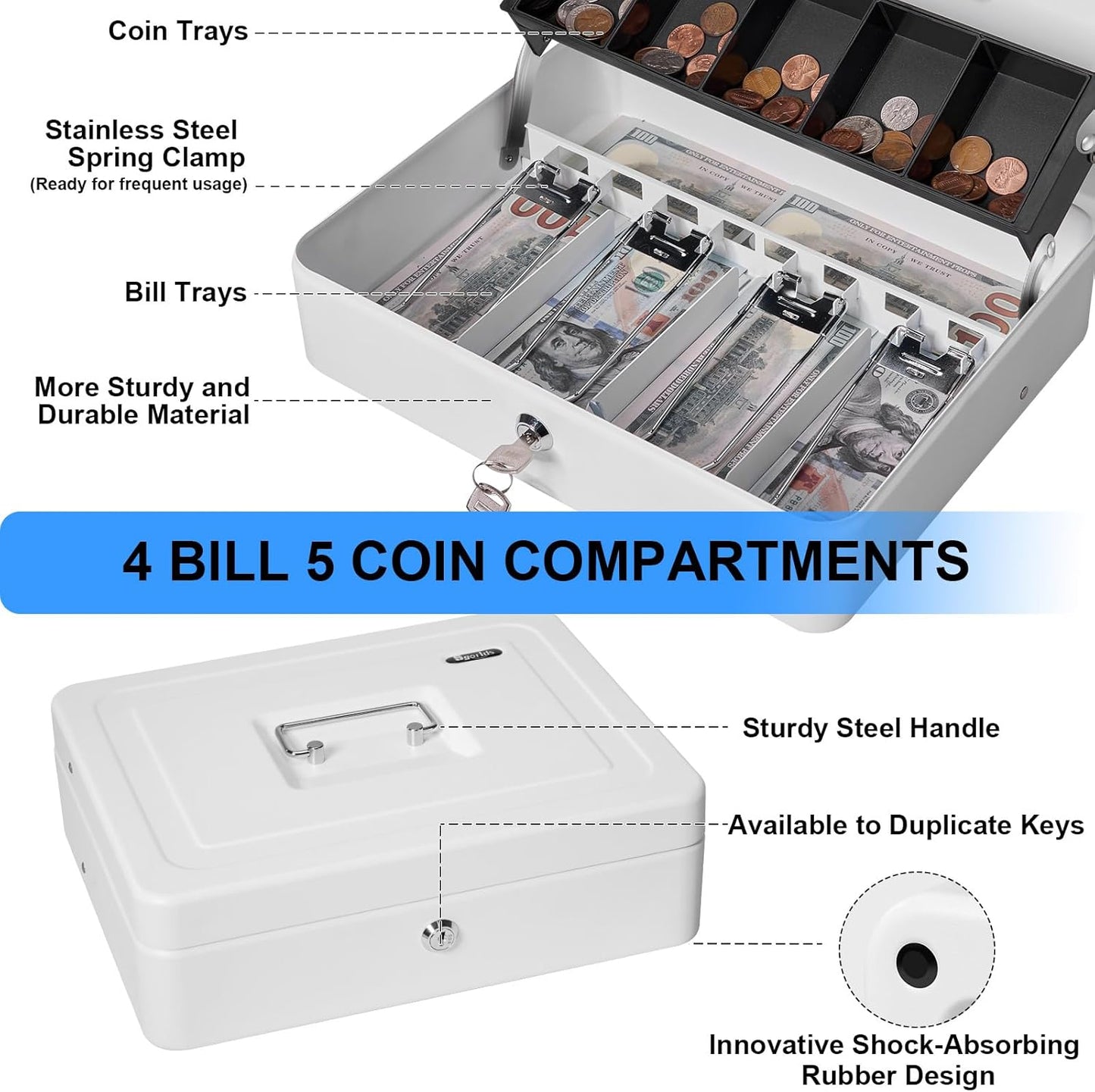 Cash Box Key Lock on Side, Cash Box with Money Tray & Key Lock 4 Bill 5 Coin Slots,Large Safe Lock Box with Key,Metal Money Saving Organizer for Security 11.8L x 9.5W x 3.5H Inches, White