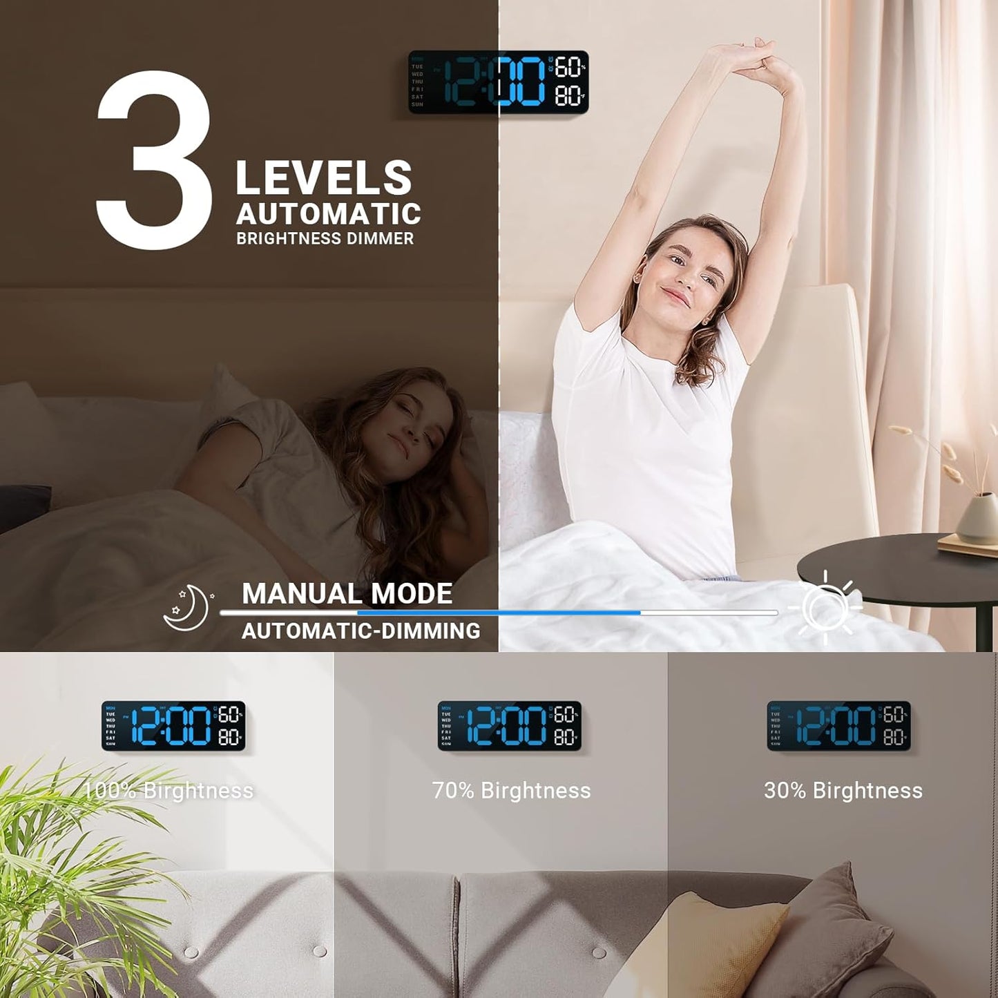 10" Digital Wall Clock: Dual Alarm Wall Mount Decor Clock for Living Room Classroom Office Desk, House Warming Gifts New Home Decor, Gift for Mom Dad Seniors Teen Blue