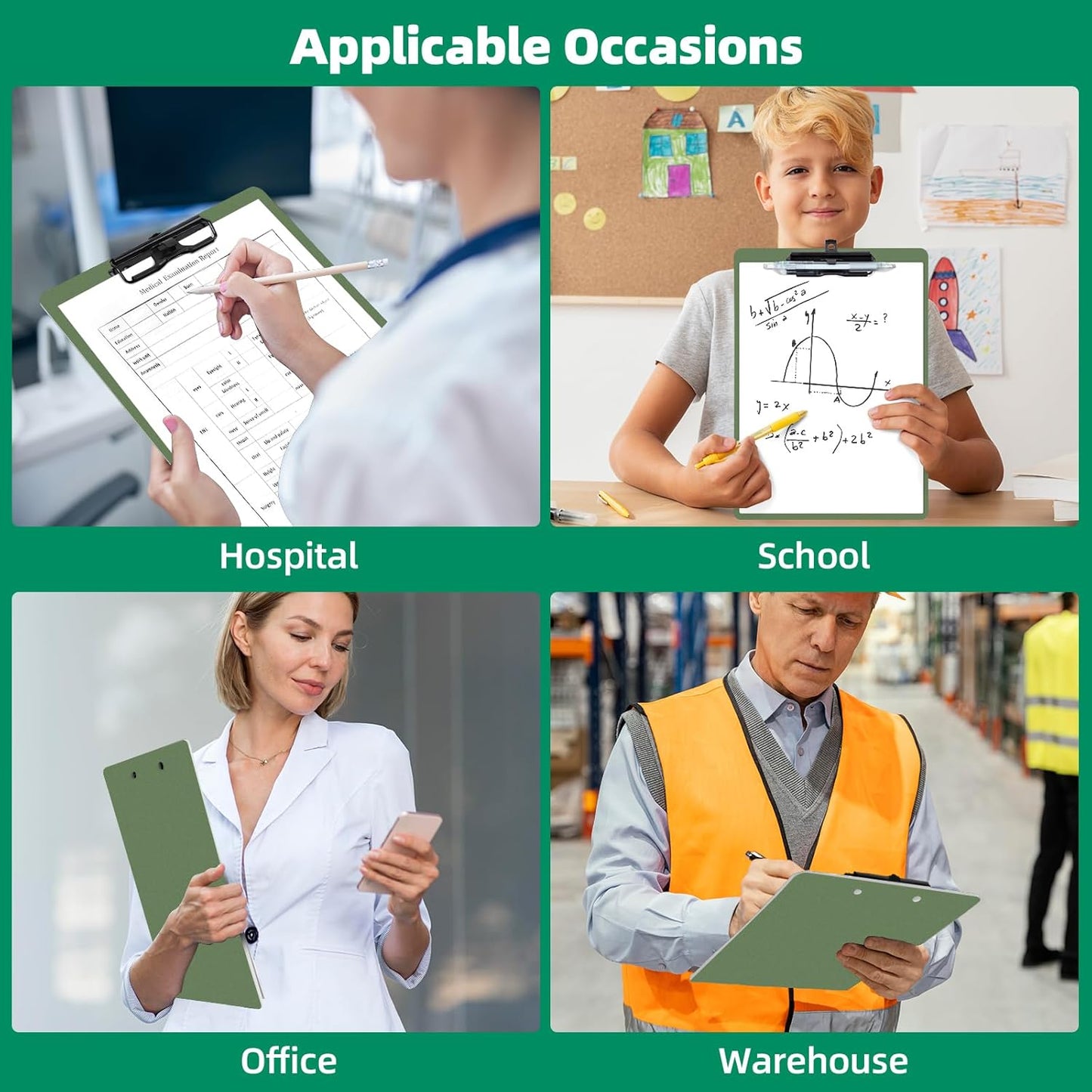 Clipboard with Pen Holder, Plastic Clipboard with Low Profile Metal Clip, Hanging Clip Boards Holds 8.5x11 Inch Papers, Standard A4 Letter Size Clip Boards for Offices & School, Green