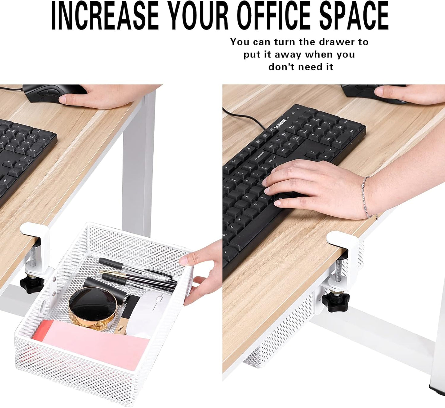 Mesh Desk Organizer and Clamp-on Swivel Pencil Drawer, Desk Hidden Desk Organizer Extra Sturdy C-Clamp Mount System and Easy to Instal, Home Office Art Supply Storage Box (White)