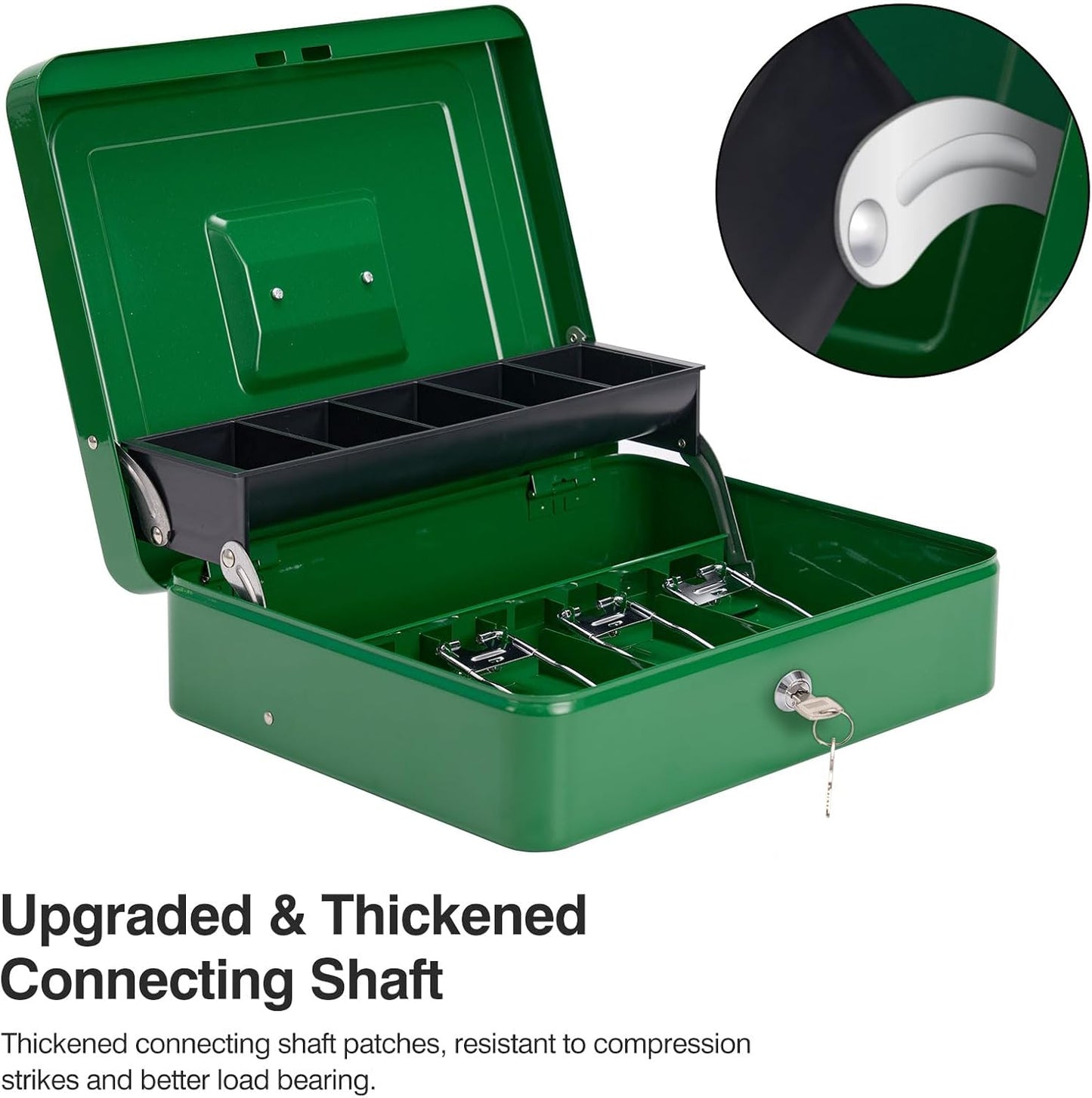 Cash Box Metal Money Box with Tray & Key Lock,Tiered Locking Cash Boxes,Durable Lock Safe Box with Key,4 Bill / 5 Coin Slots,Large 11.8L x 9.5W x 3.5H Inches (Key, Dark Green)