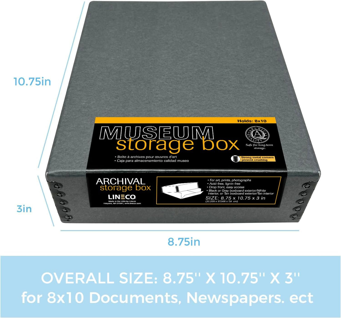 Lineco Museum Archival Storage Box, 8.75x10.75x3 in. Drop Front Design. Acid-Free with Metal Edge. Organize Photos, Pictures, Prints, Documents, Crafts, DIY. Gray, 1 Pack