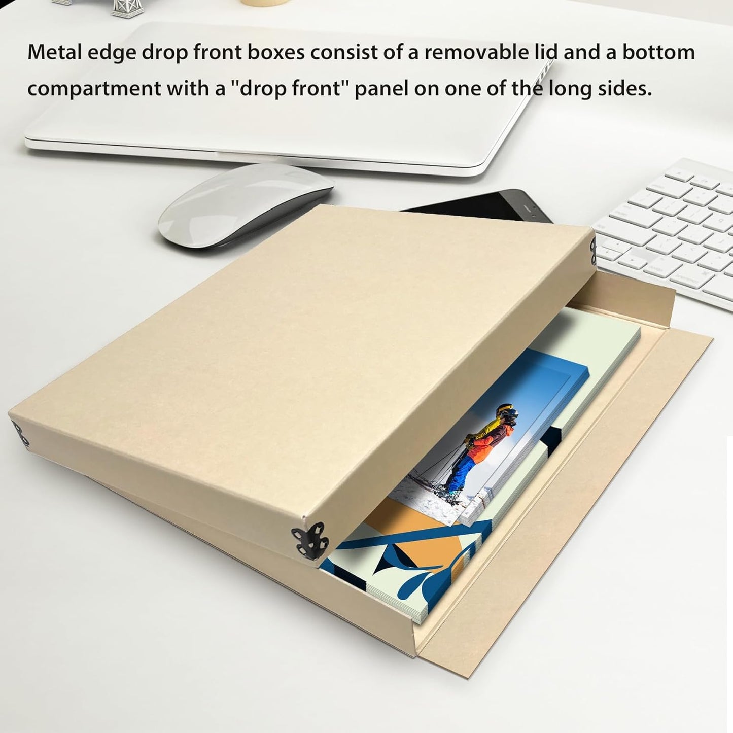 Lineco Museum Archival Storage Box, 11.75x15.25x1.5 in. Drop Front Design. Acid-Free with Metal Edge. Organize Photos, Pictures, Prints, Documents, Crafts, DIY. Tan, 1 Pack