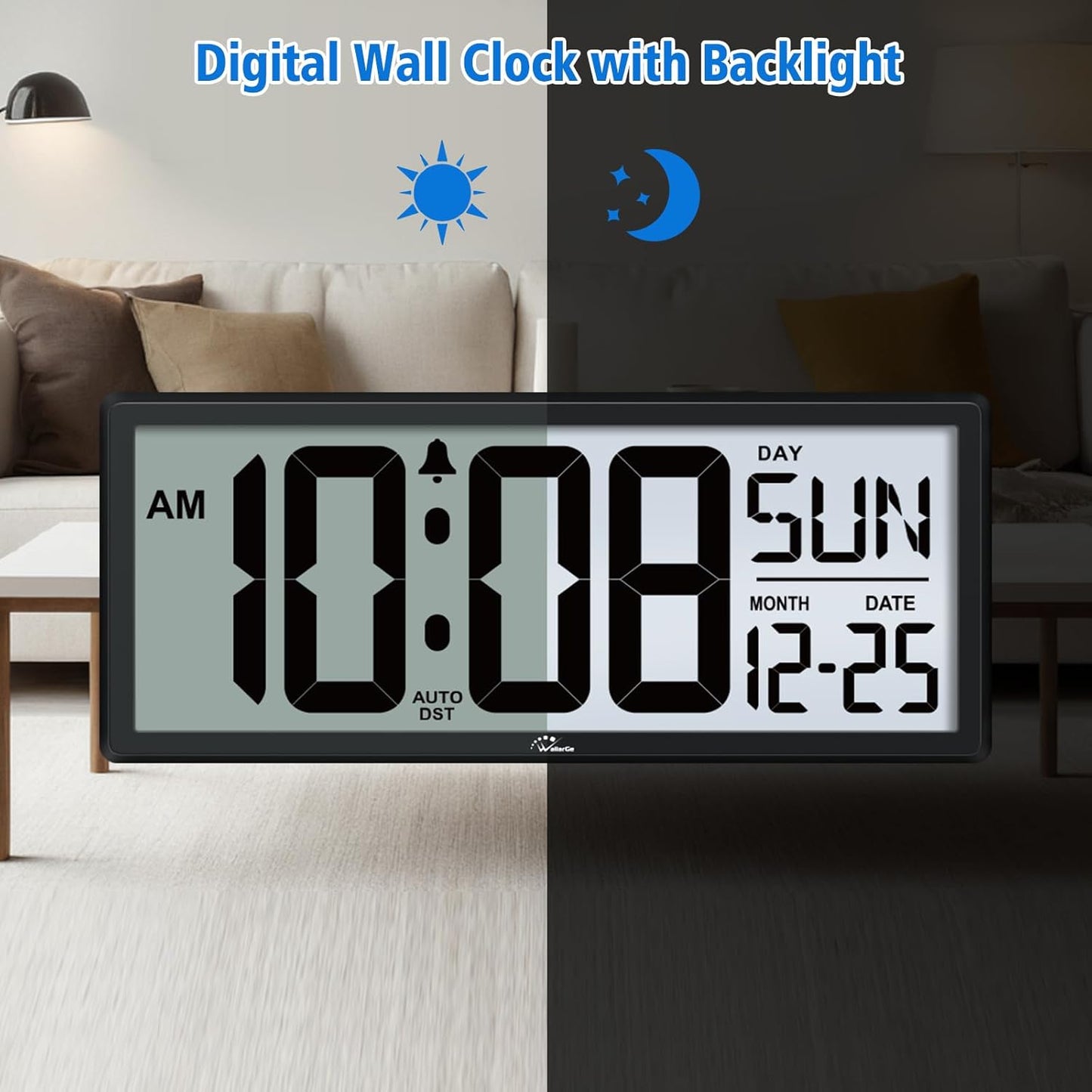 WallarGe Backlight Digital Wall Clock Battery Operated - with Temperature and Date 14.5'' Large Digital Wall Clock, Easy to Read and Set, Auto DST