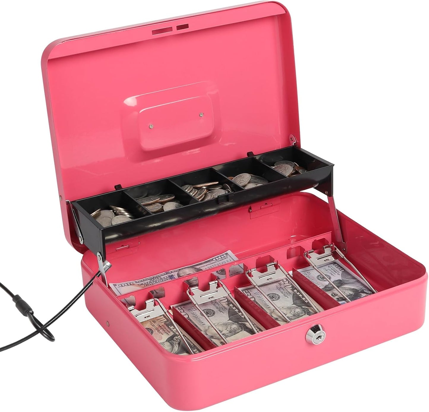 Jssmst Large Locking Cash Box with Money Tray, Lock Box with Security Cable Metal Money Box with Key Lock, Pink