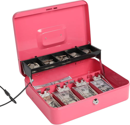 Jssmst Large Locking Cash Box with Money Tray, Lock Box with Security Cable Metal Money Box with Key Lock, Pink