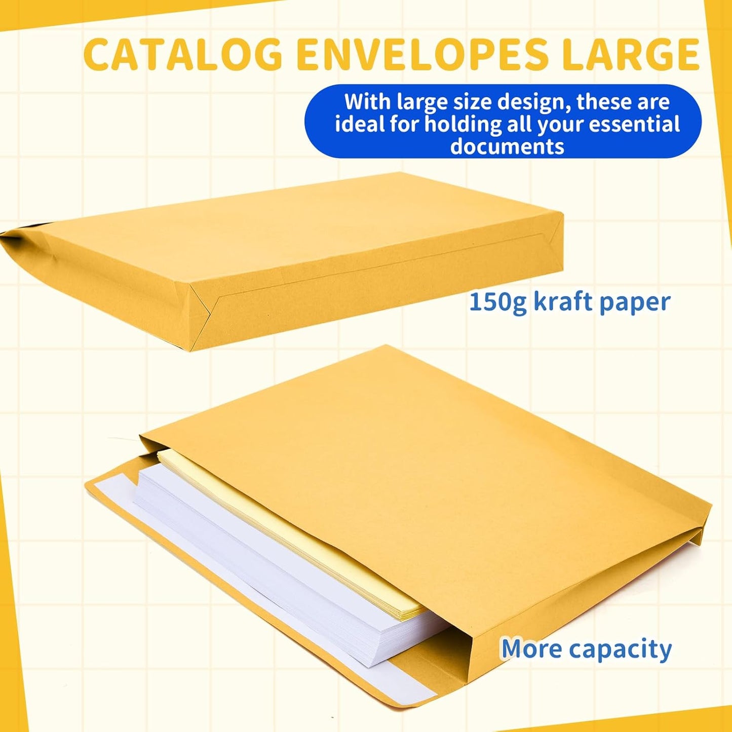 20 Pcs 12 x 16 x 1.6 Inch Large Expandable Catalog Envelopes Manilla Kraft Peel and Seal Envelopes Light Large Mailing for Office Home Documents Magazines Photos Storage Organizing (Yellow)