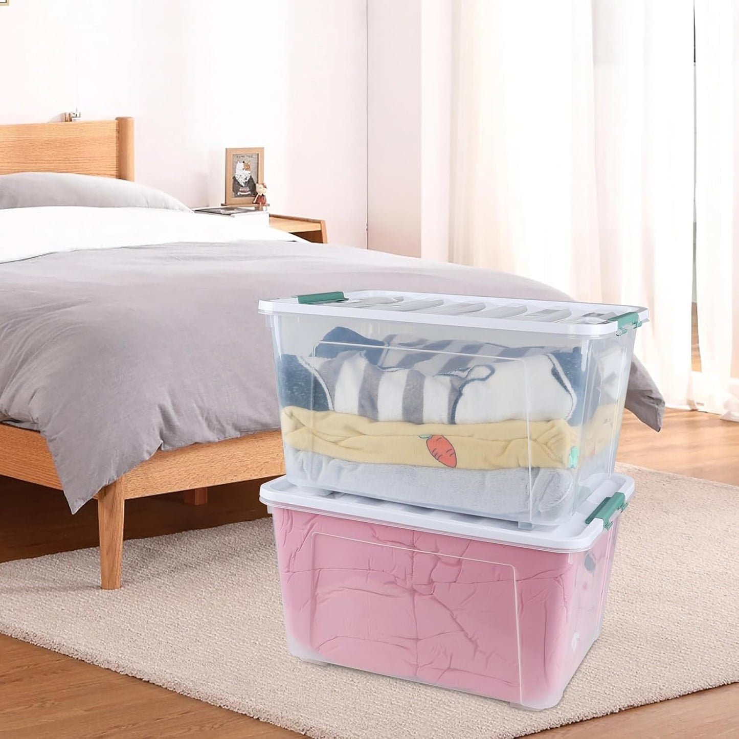 Pekky 85 Quart Clear Storage Bin on Wheels, 4-Pack Large Plastic Latching Box