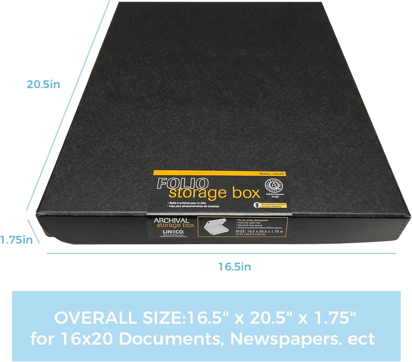 Lineco, Archival Folio Storage Box. Acid-Free, Metal Edge Boxboard, Clamshell Lid. 16 x 20 x 1.75 Inches. Preserves and Organize, Stores Photos, Documents, Craft, Prints, DIY. Black, Pack of 2