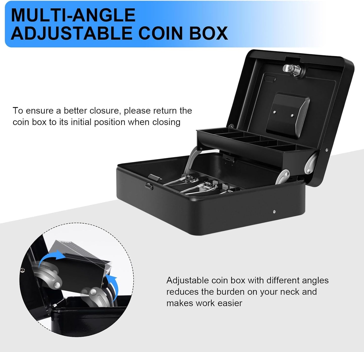 Cash Box Key Lock on Top, 11.8L x 9.5W x 3.5H Inches, Black Metal Money Box with Tray,Tiered Locking Cash Boxes,Durable Lock Safe Box with Key,4 Bill / 5 Coin Slots,Large