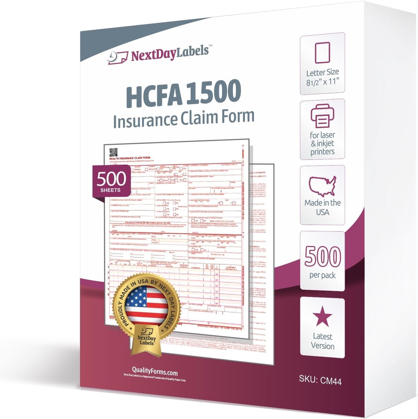 NextDayLabels - CMS 1500 / HCFA 1500 Insurance Claim Forms - Laser/Ink-Jet Compatible (New Version 02/12) Letter Size 8-12" x 11", 500 Sheets Per Pack