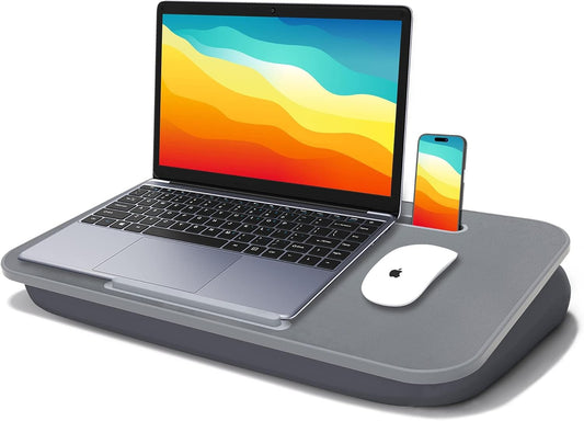 Lap Desk, Lap Desk with Cushion, Fits up to 17 inch Laptop, Pillow Designed, Portable Laptop Stand with Tray, Pad & Phone Holder, Home Office for Bed/Couch/Car/Reading/Writing, MillHome (Gray)