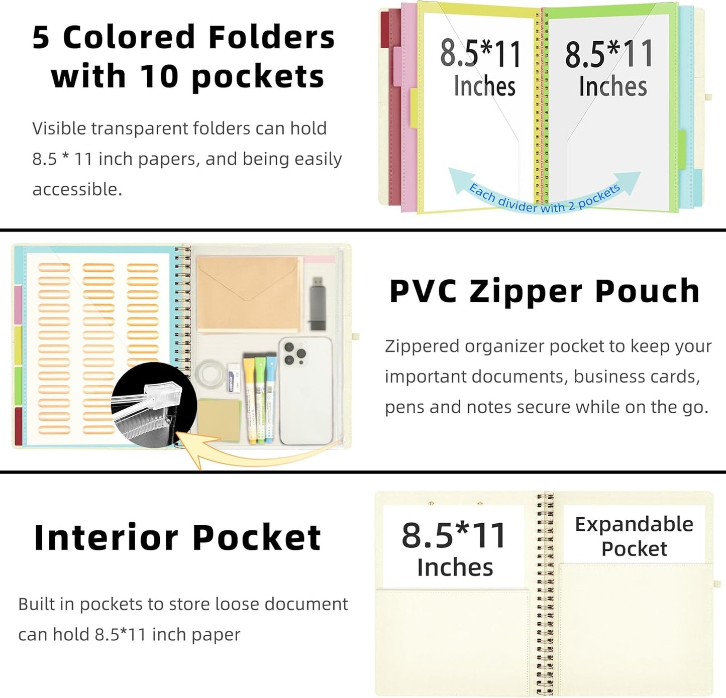 Ospelelf Foldable Spiral Clipboard Folio with Storage Zipper Pouch, 5 Plastic Folders with 10 Pockets, Refillable Lined Notepad (11" x 8.5"), Linen Hardcover Project Organizer (Beige)