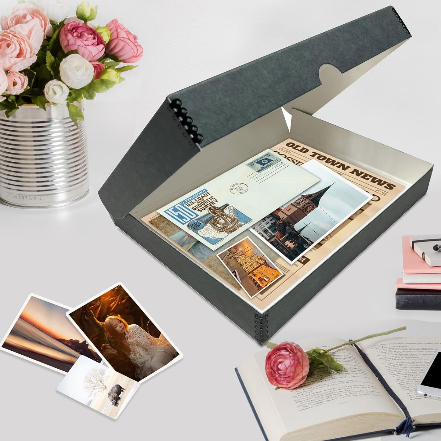 Lineco Folio Storage Box, Clamshell Design with Metal Edge. 9.5x12.5x1.75, Archival Boxboard, Preserve Photos, Prints, Cards, Magazines, Documents, Art, Ephemera, Family Records, Gray, Pack of 2