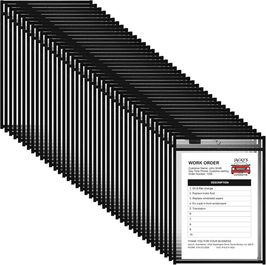 Nezyo Dry Erase Pockets Plastic Job Ticket Holders Shop Holder Order Pockets Clear Sleeves Tickets Folders Plastic Sleeves Paper Teacher Supplies for Classroom(12 x 9.5 in,Black,50 Pcs)