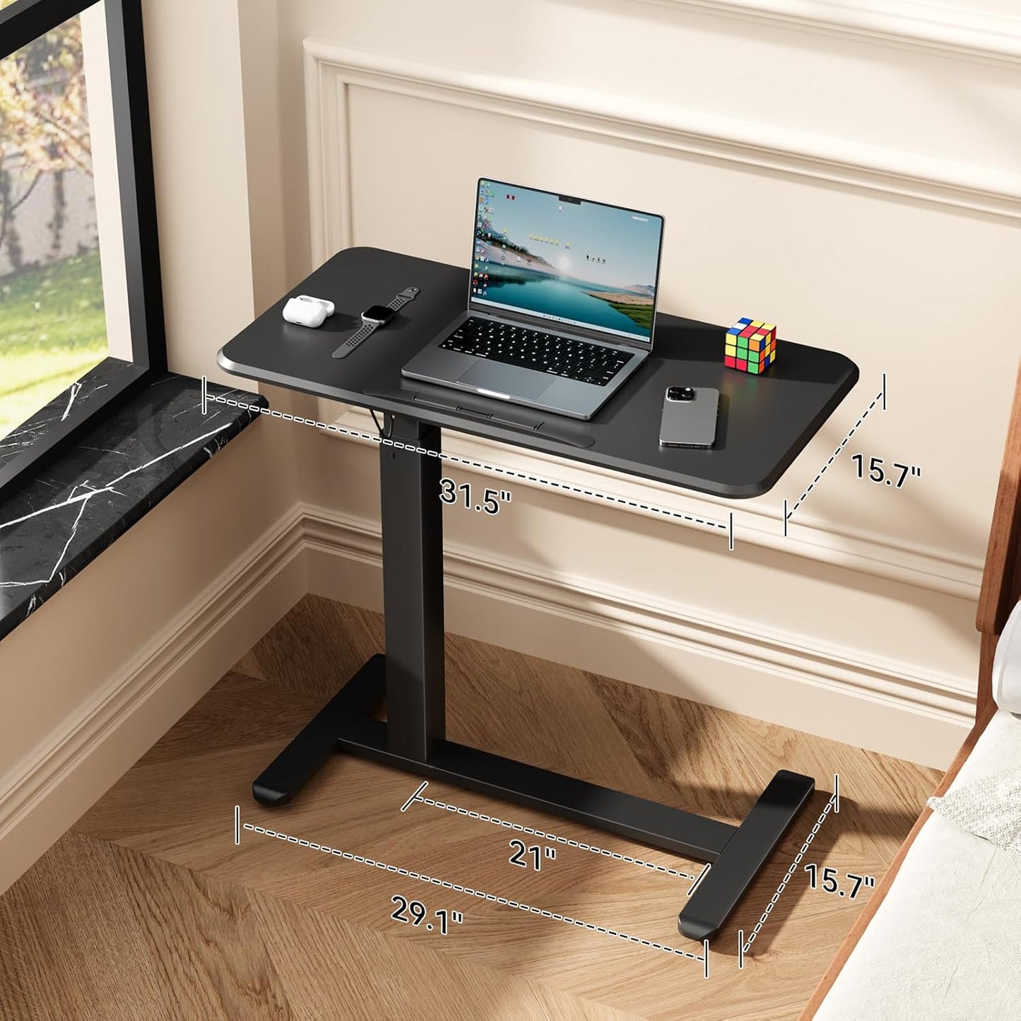 Mobile Standing Desk, Height Adjustable Left/Right Overbed Bedside Table, 90° Tiltable Portable Laptop Desk with Wheels, Foldable Computer Cart for Hospital Home Use, Black