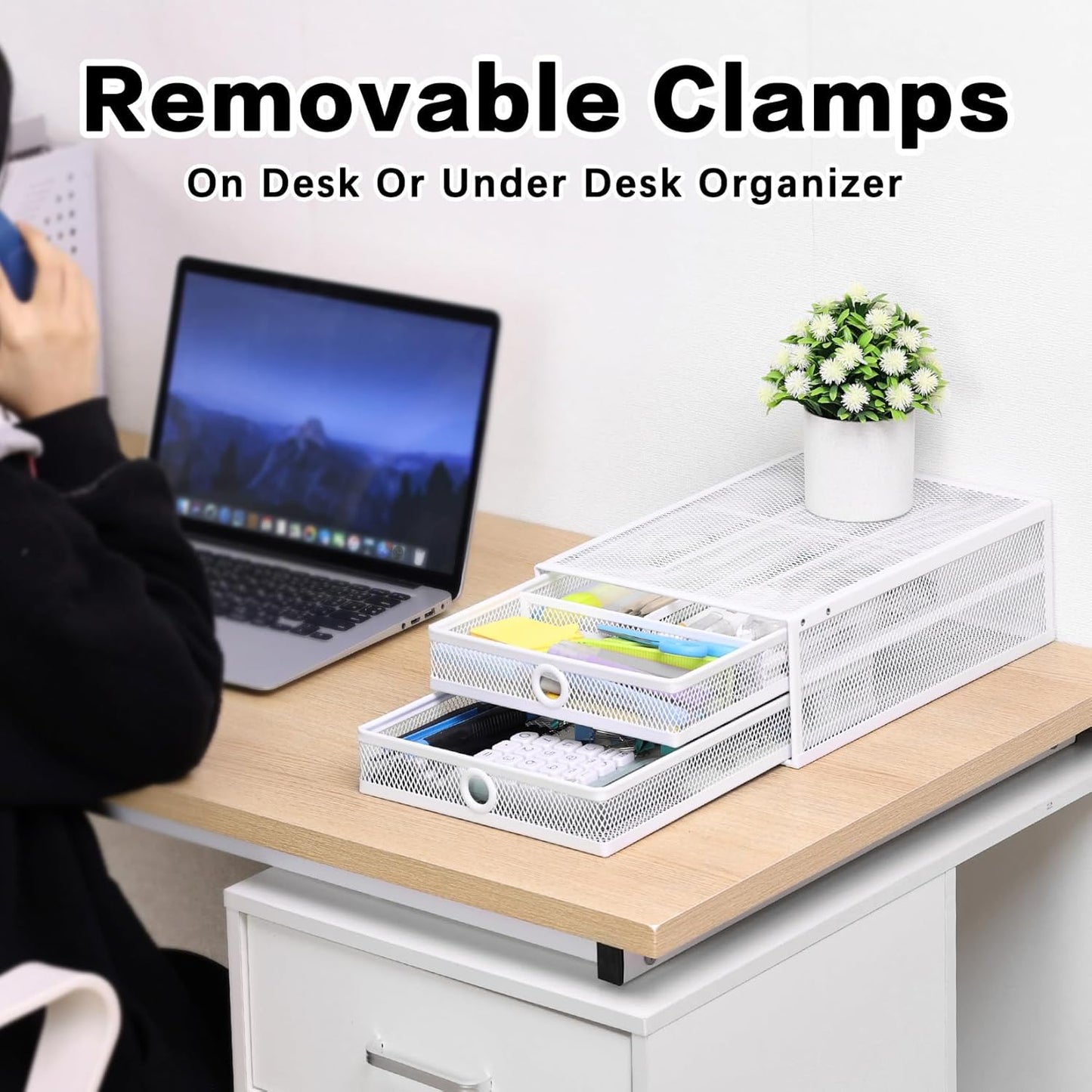 2-Tier Clamp-On Mesh Organizer, Under Desk Storage with Slide-Out Tray, No Drilling Tool-Free Installation, Durable Rust-Resistant Metal, Large-Capacity Organizer.