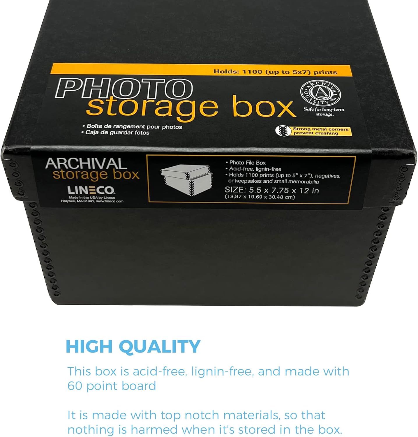 Lineco Archival Photo Storage Box, Holds up to 1100 of 5x7 Pictures, 4x6 Photograph Container with Removable Lid. Preserve Snapshot, Negatives, Prints, Films, Card, 5"x7"x12", Black