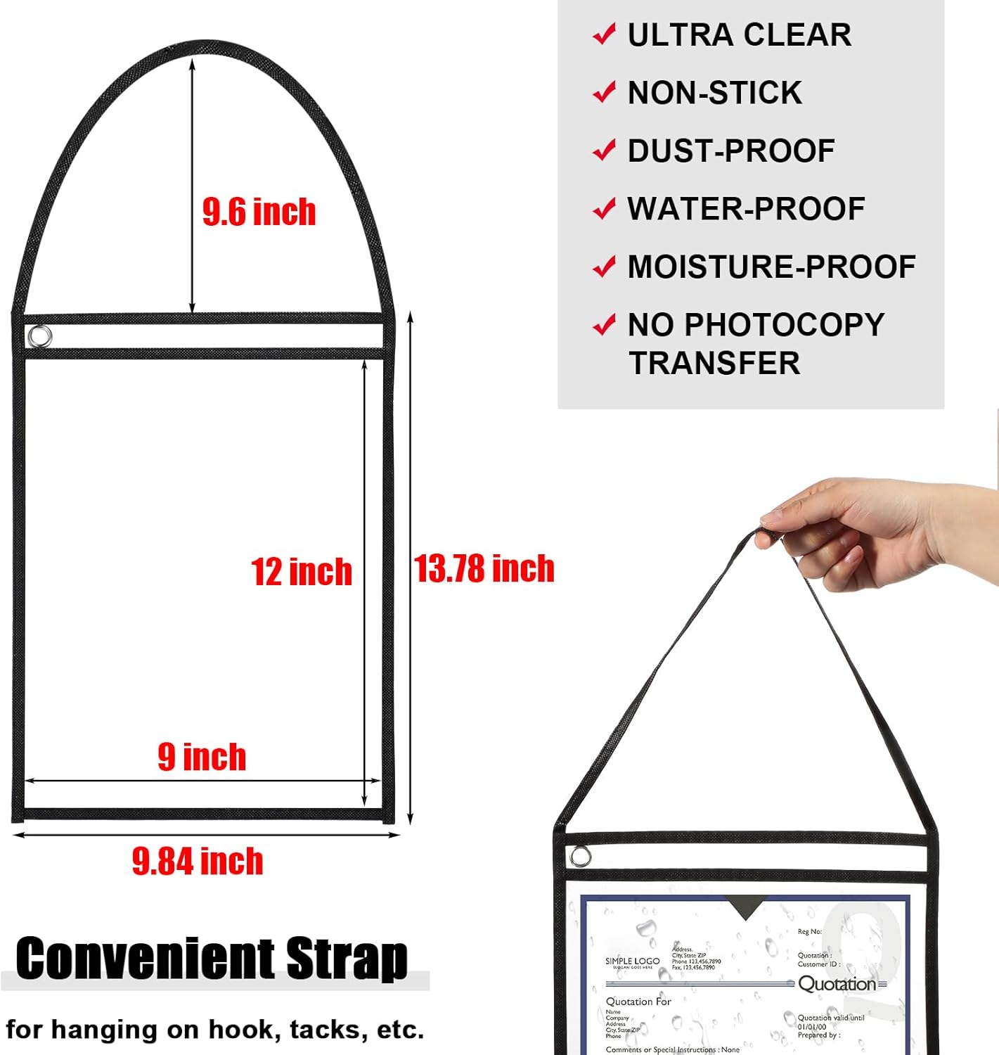 Epakh 30 Pack Office Products Shop Ticket Holders with Hanging Strap 9 x 12 Inches, Dry Erase Pockets, Job Ticket Holders, Both Sides Clear, Welcome to Work Order(Black)