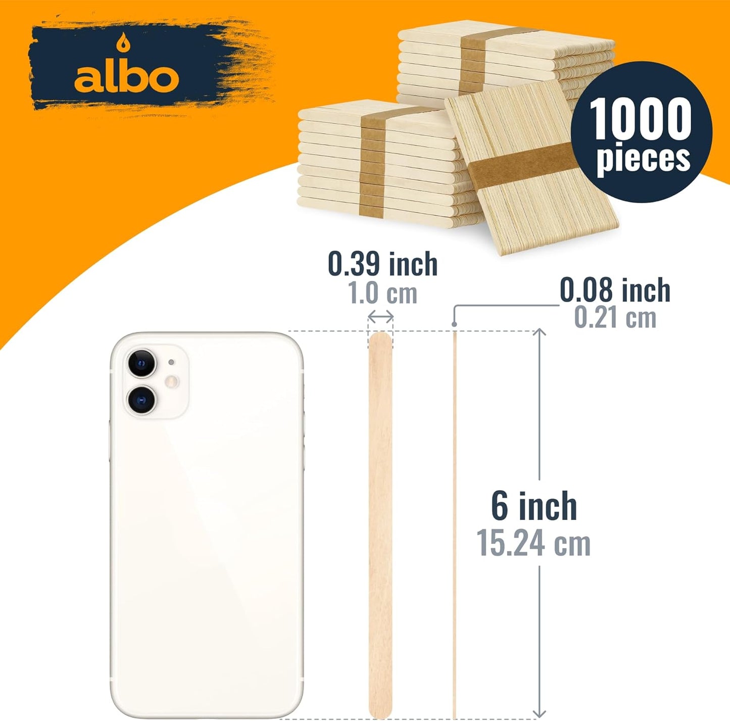 ALBO 1000 Pack 6" Wood Popsicle Sticks | Food-Safe Ice Cream, Cake Pop & Chocolate Molds | Waxing Applicators, Epoxy Resin Stir Sticks, Tongue Depressors | Bulk DIY Craft Supplies for Kids & Pros