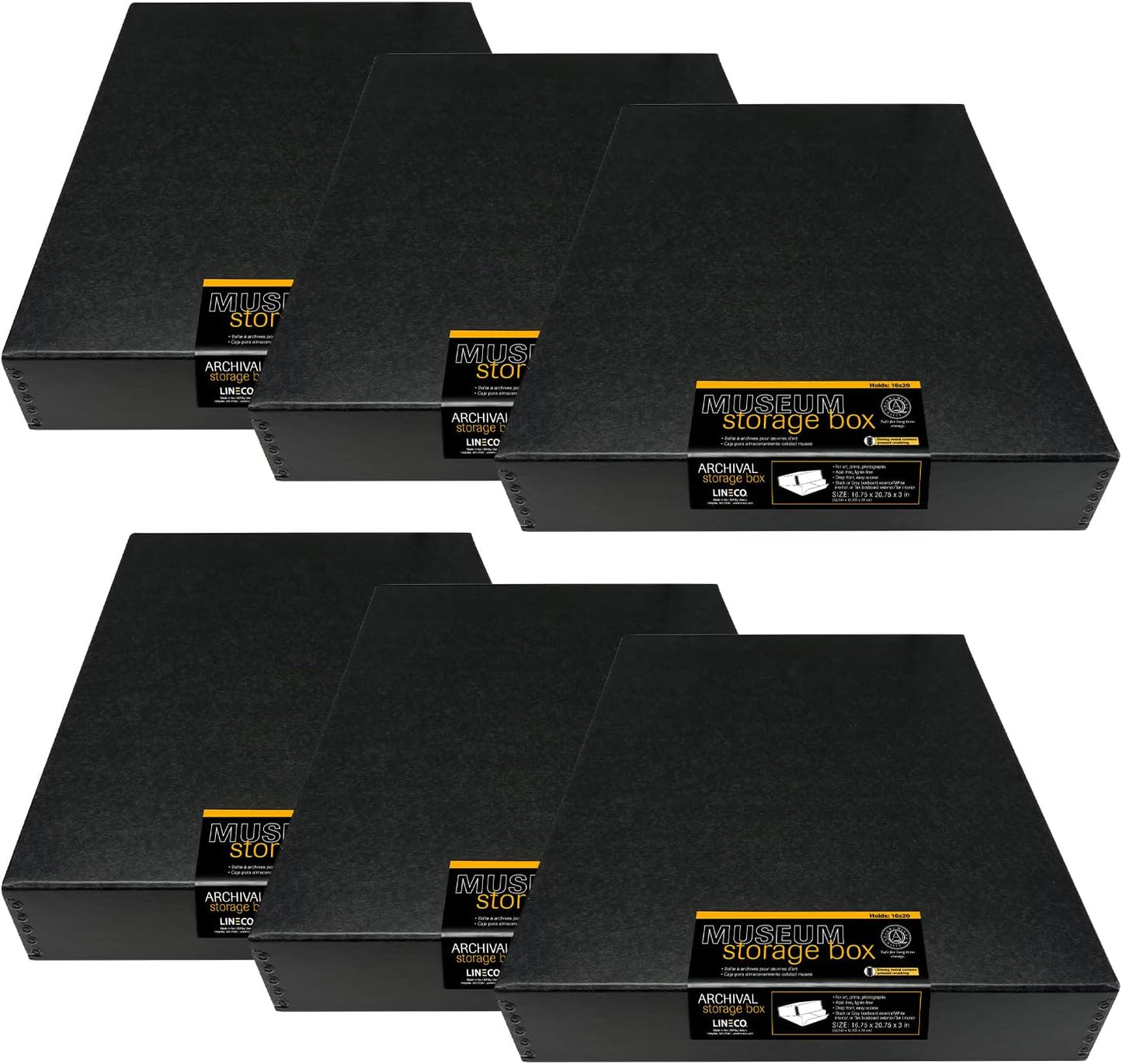 Lineco Museum Archival Storage Box, 16.75x20.75x3 in. Drop Front Design. Acid-Free with Metal Edge. Organize Photos, Pictures, Prints, Documents, Crafts, DIY. Black, 6 Pack