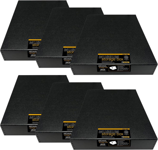 Lineco Museum Archival Storage Box, 16.75x20.75x3 in. Drop Front Design. Acid-Free with Metal Edge. Organize Photos, Pictures, Prints, Documents, Crafts, DIY. Black, 6 Pack