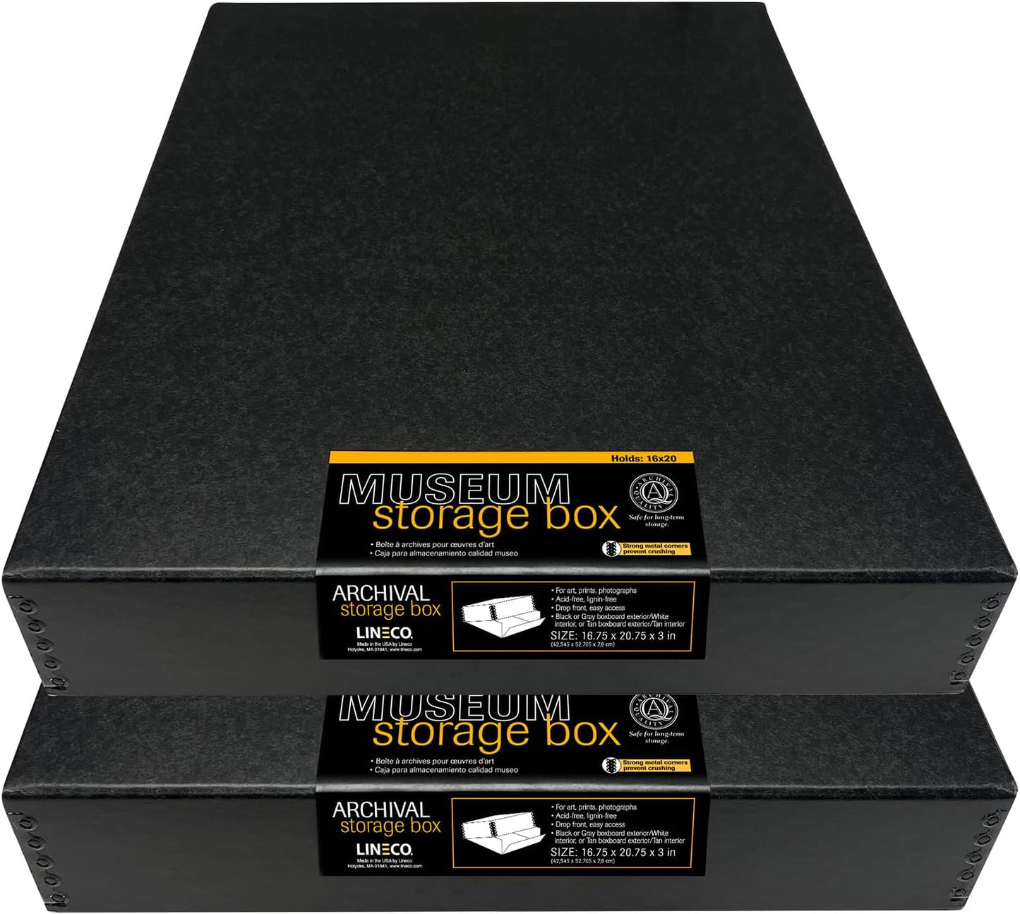 Lineco Museum Archival Storage Box, 16.75x20.75x3 in. Drop Front Design. Acid-Free with Metal Edge. Organize Photos, Pictures, Prints, Documents, Crafts, DIY. Black, 2 Pack