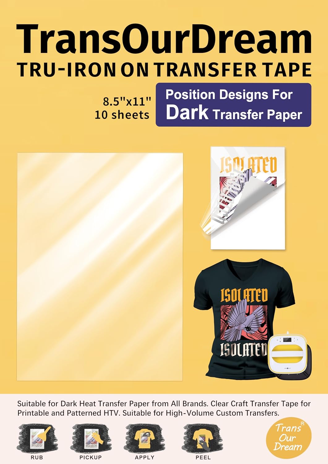 TransOurDream Tru-Iron On Transfer Tape for Inkjet Dark Heat Transfer Paper (10 Sheets, 8.5"x11") Iron On Clear Transfer Tape for Cut & Weeded Printable Heat Transfer Vinyl, Iron on Transfer Mask