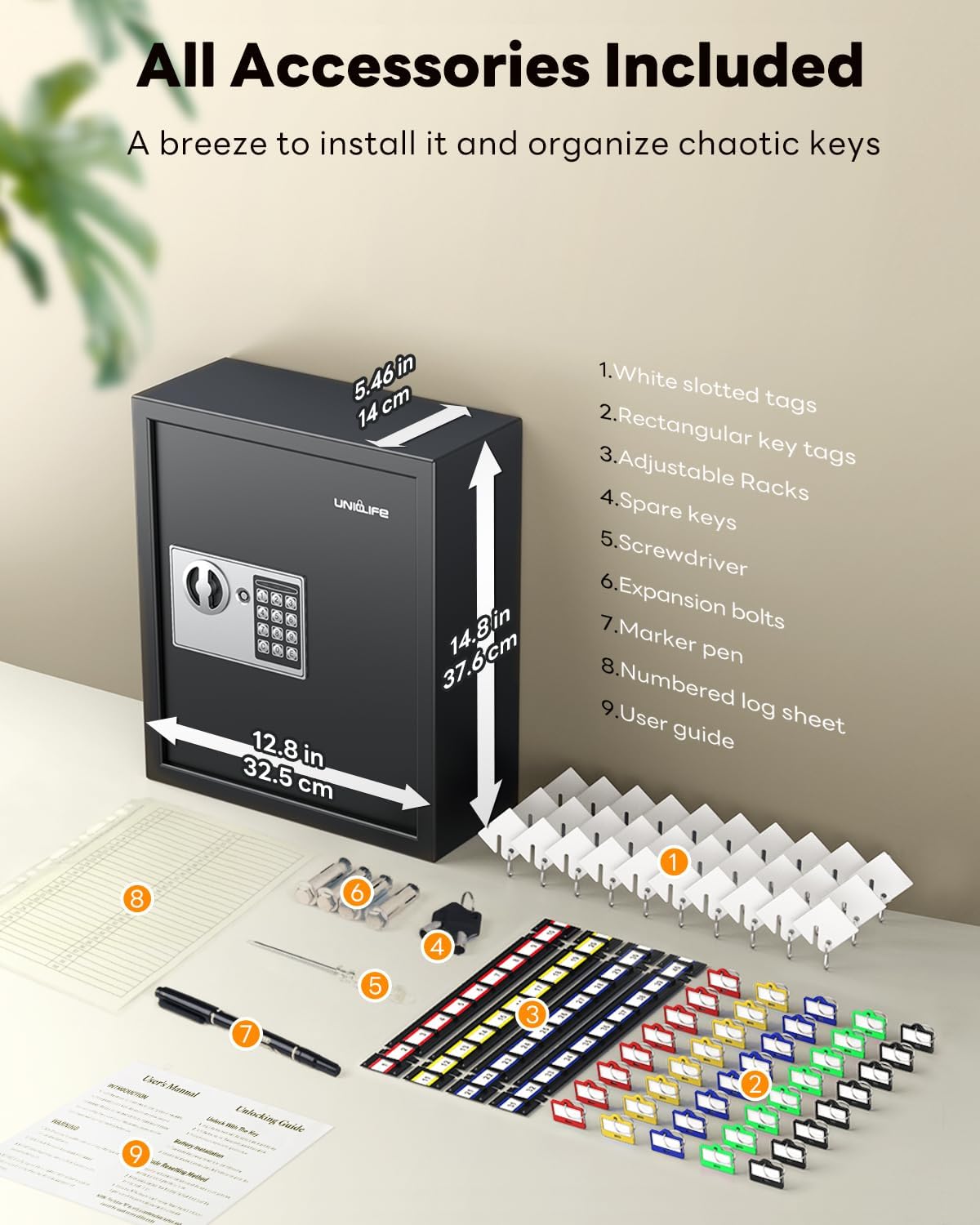 Uniclife 70 Position Key Cabinet with Combination & Key Lock Wall Mounted Security Keys Safe Key Organizer Resettable Black Digital with Keypad Lock Adjustable Racks Colorful Key Tags & Permanent Pen