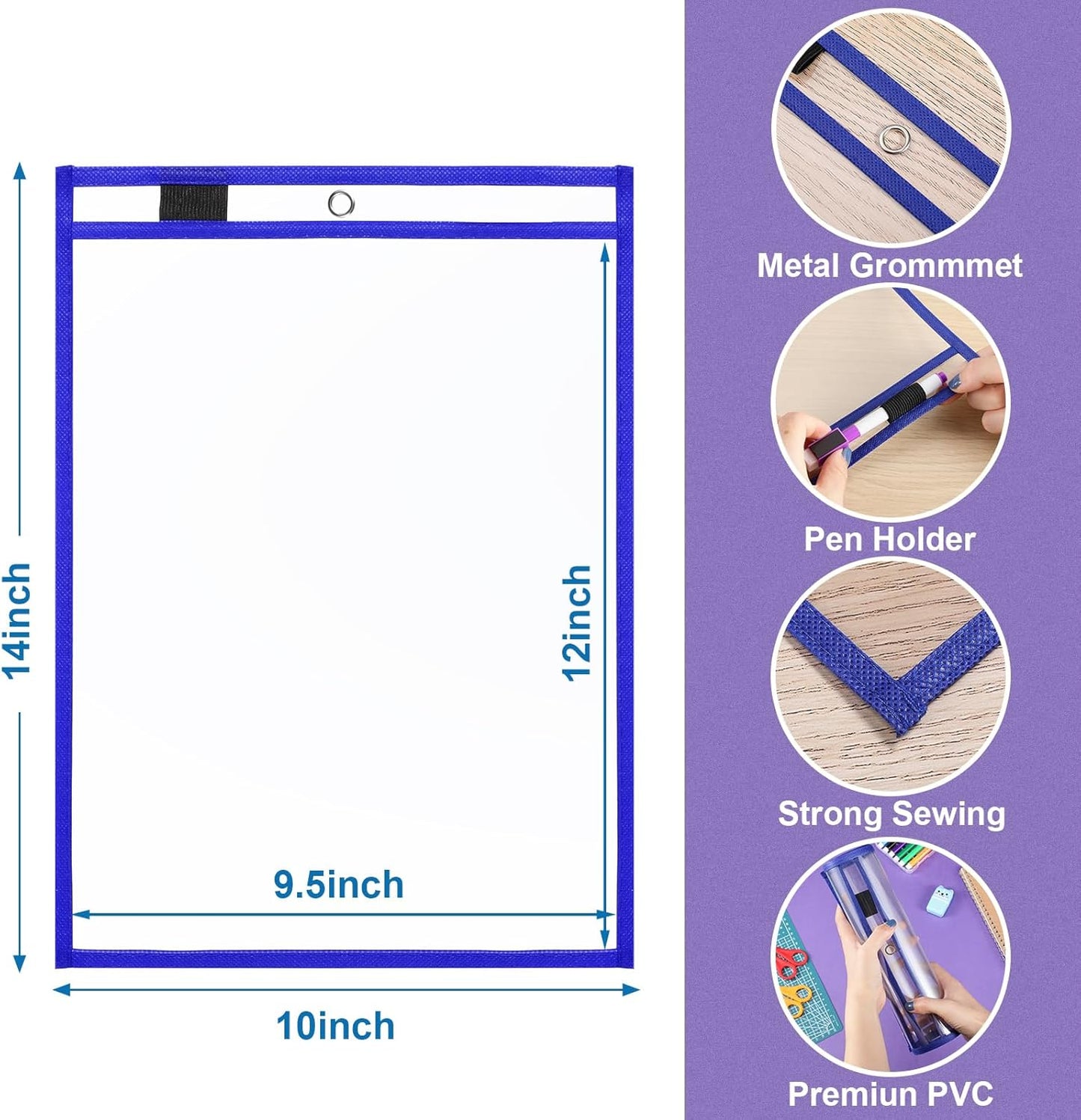 Nezyo Dry Erase Pockets Plastic Job Ticket Holders Shop Holder Order Pockets Clear Sleeves Tickets Folders Plastic Sleeves Paper Teacher Supplies for Classroom (14 x 10 in,Blue,12 Pcs)