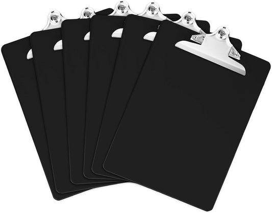 Black Plastic Clipboards (Set of 6) Multipack - 12.5x9 Inch Black Clipboard with 100 Sheets Holding Capacity Butterfly Clip | Colored Acrylic Clip Boards in Bulk | Office, Classroom, School Supplies