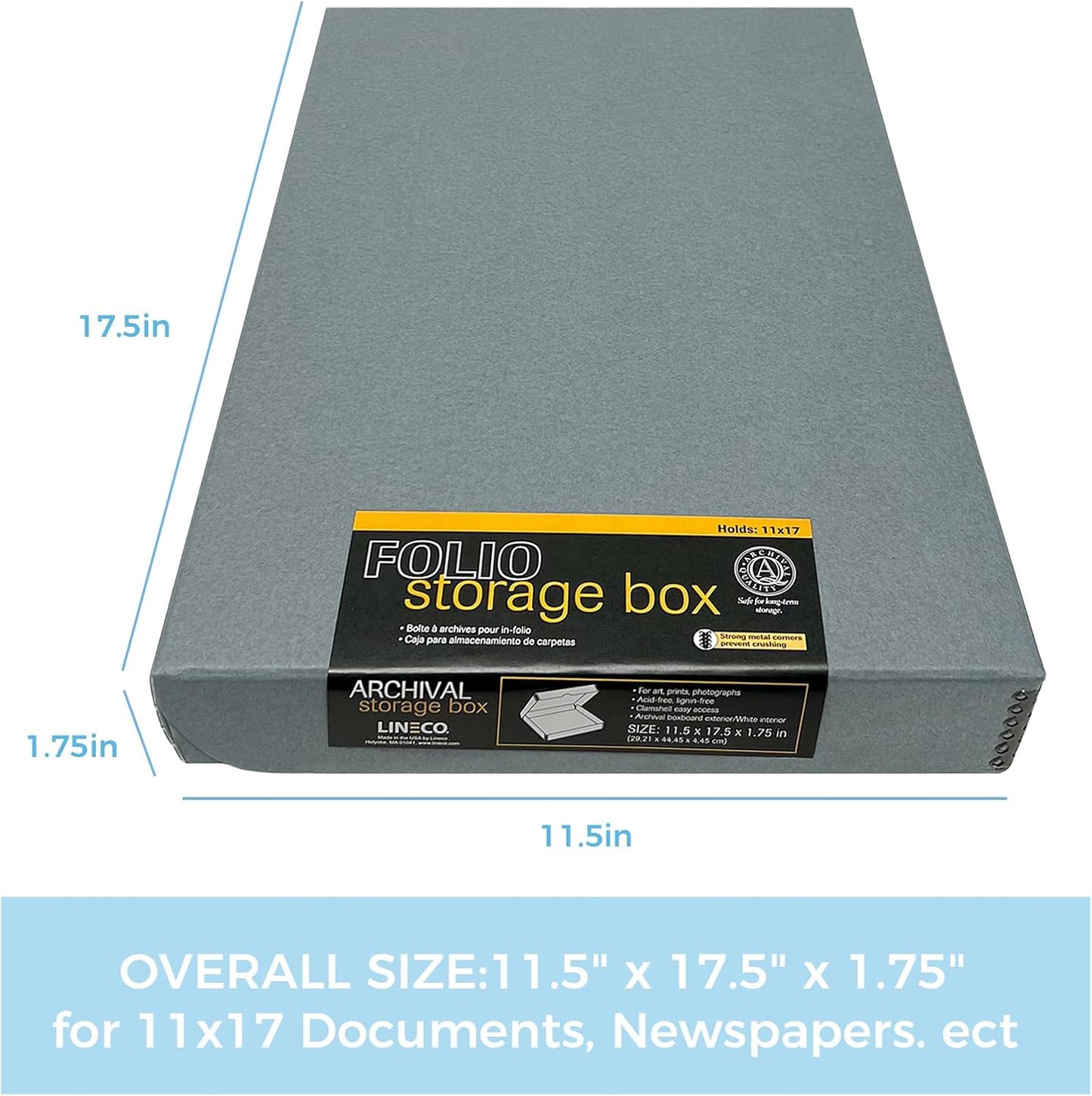 Lineco Folio Storage Box, Clamshell Design with Metal Edge. 11.5x17.5x1.75 Inches, Archival Boxboard, Preserve Photos, Cards, Magazines, Documents, Art, Ephemera, Family Records, Gray, Pack of 2