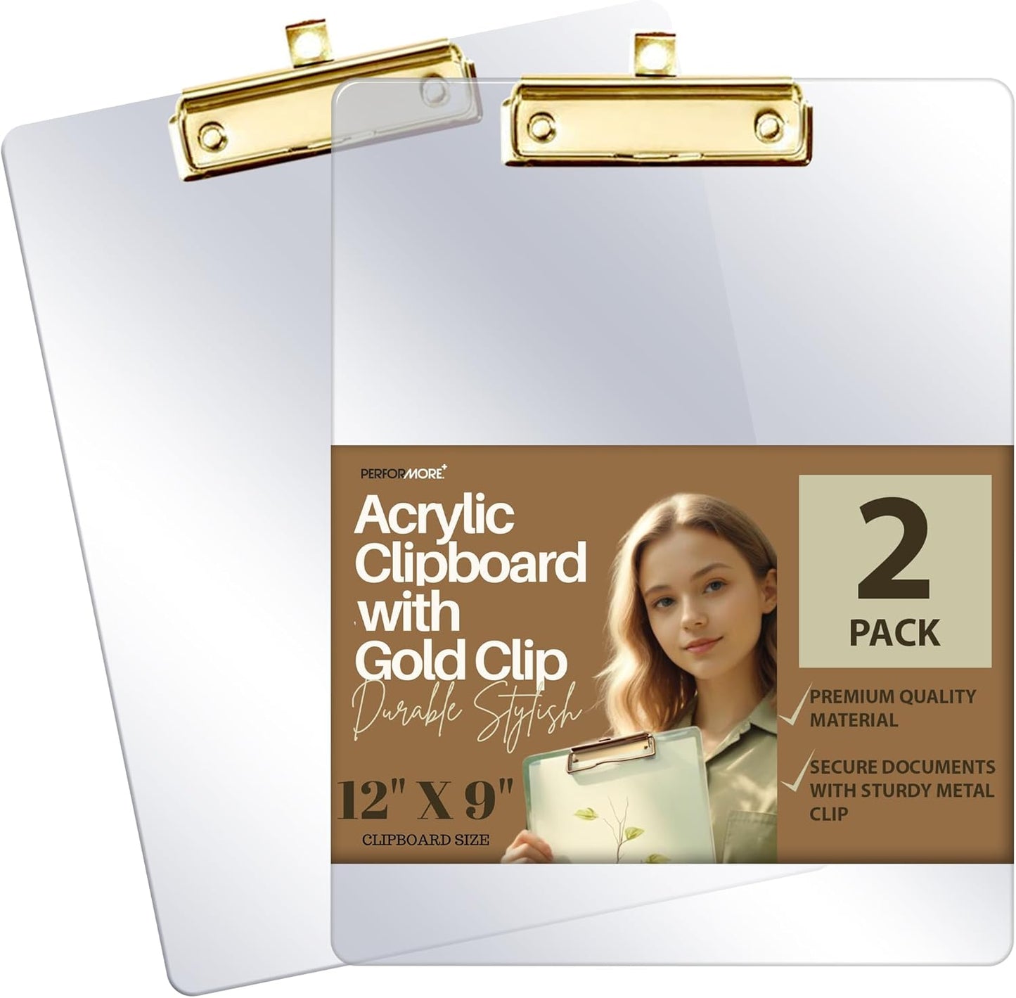 Performore Clear Acrylic Clipboard Set 2-Pack Thick Plastic Writing Boards with Gold Metal Clip 12x9 Heavy-Duty Transparent Clipboards for Office, School, Events & Presentations
