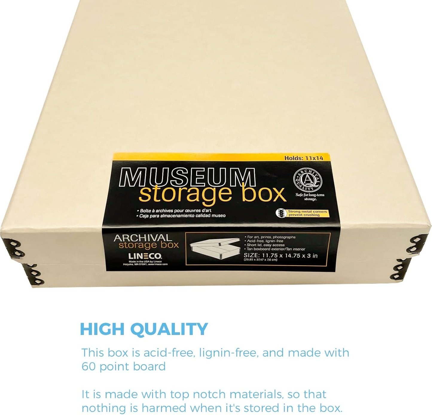 Lineco Museum Archival Storage Box, 11.75x14.75x3 in. Drop Front Design. Acid-Free with Metal Edge. Organize Photos, Pictures, Prints, Documents, Crafts, DIY. Tan, 1 Pack