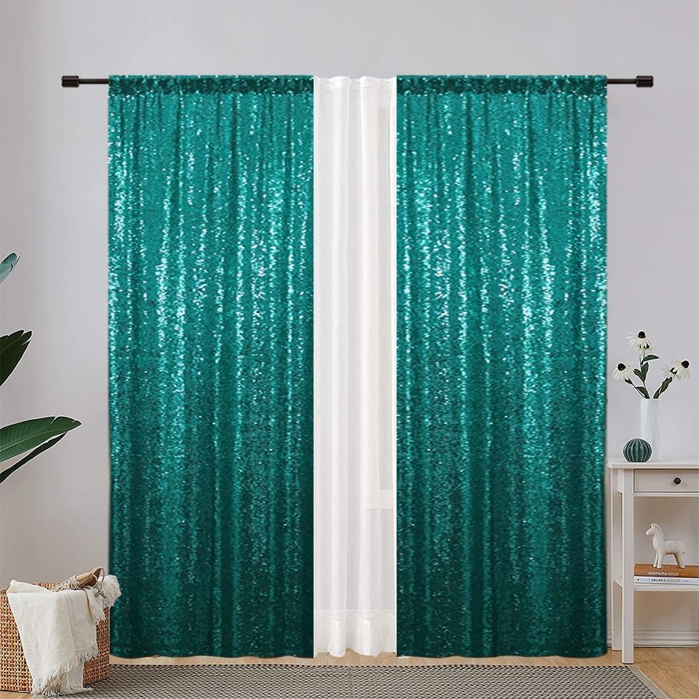 Eternal Beauty Sequin Backdrop Curtains, 2x8 Ft-2 Panels Teal Back Drop for Shimmer Photography Party Wedding Birthday Decor